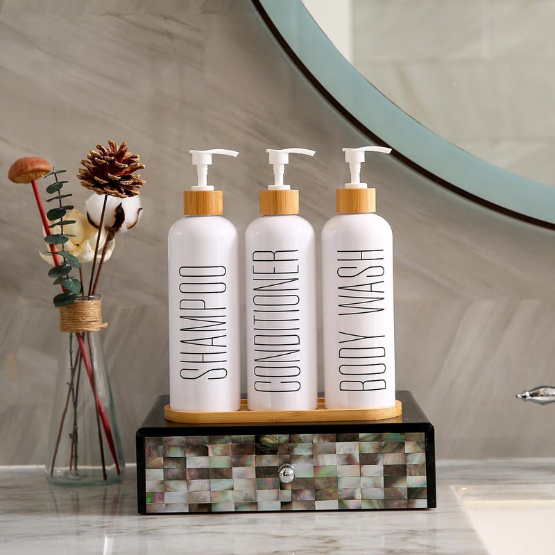 Prus Waso Shampoo and Conditioner Dispenser, Contains Shampoo Conditioner Body Wash Dispenser. Shower Soap Dispenser with Bamboo Pumps & Tray, Perfect for Modern Bathroom Decor. (White) - Image 3